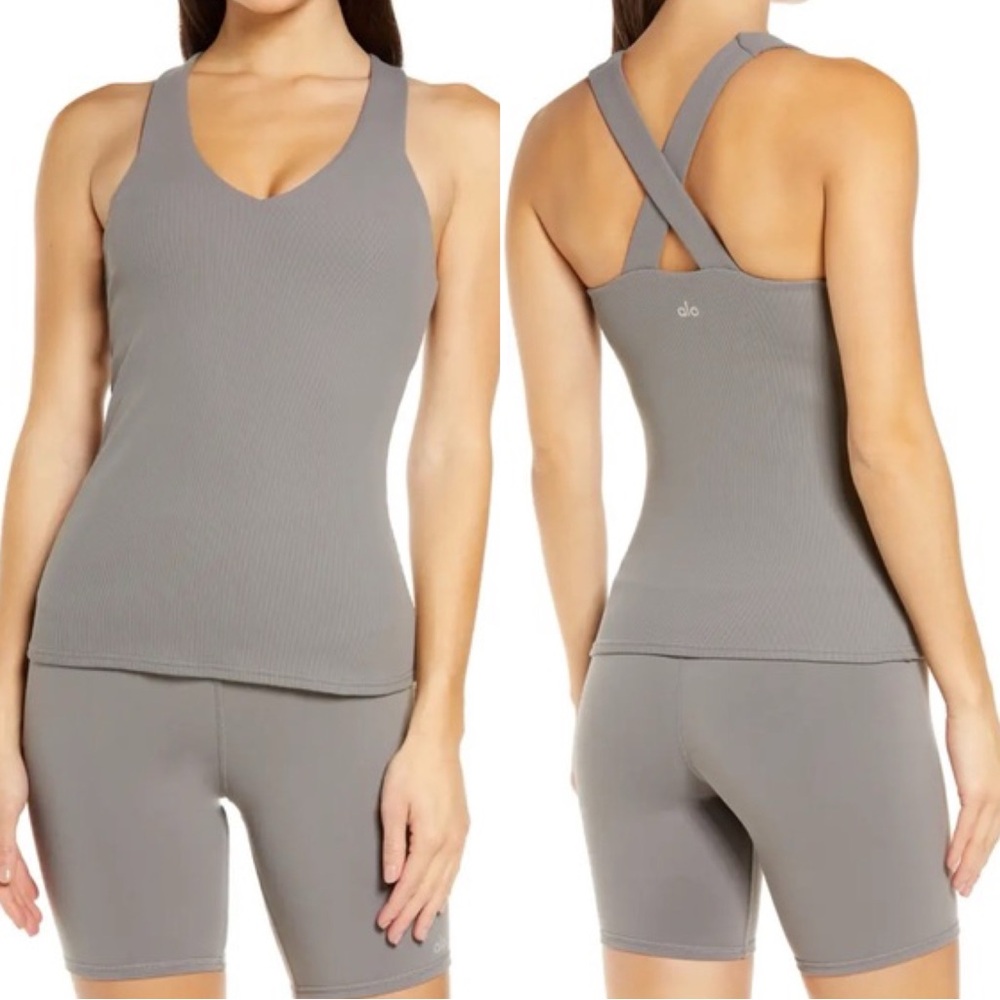 Alo Yoga Elevate Ribbed Crossover Tank Shadow Grey Size Small‎